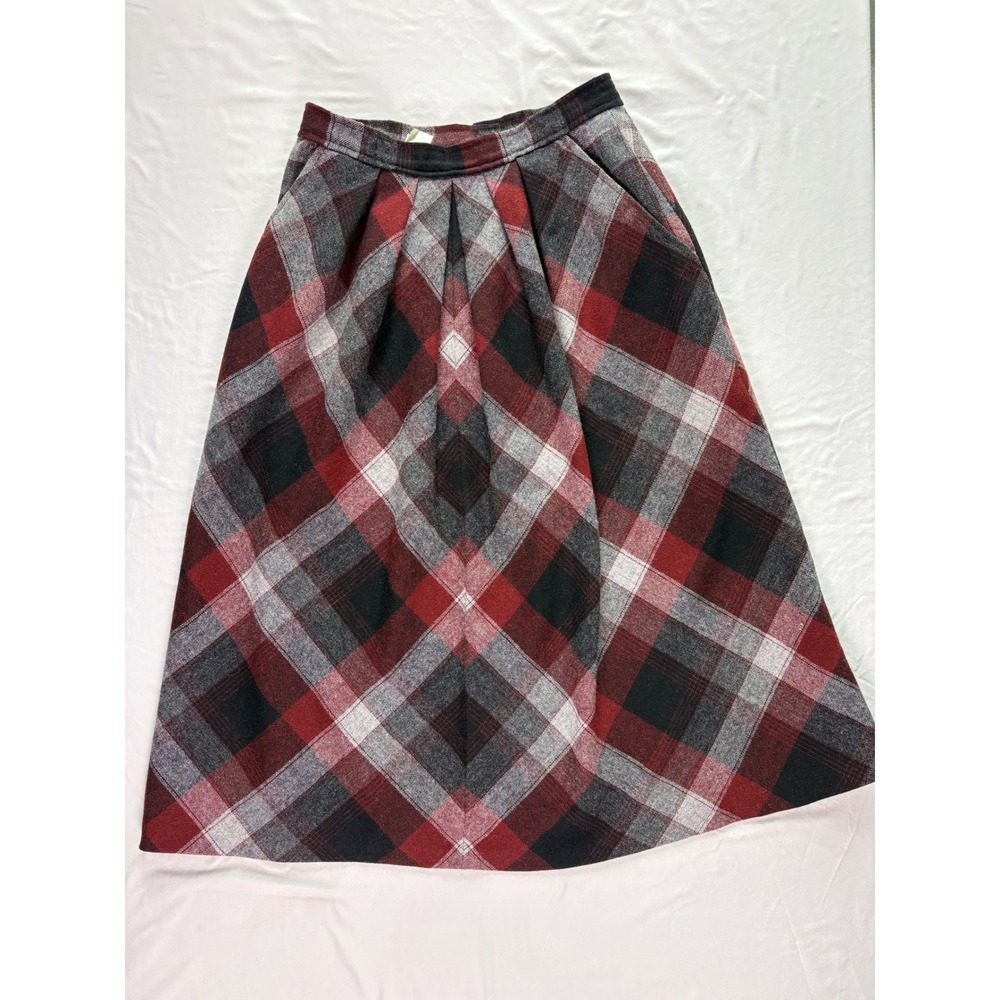 Vintage Plaid Midi Skirt Size S 26 Wool? Red Pleated Dark Academia A-Line Union